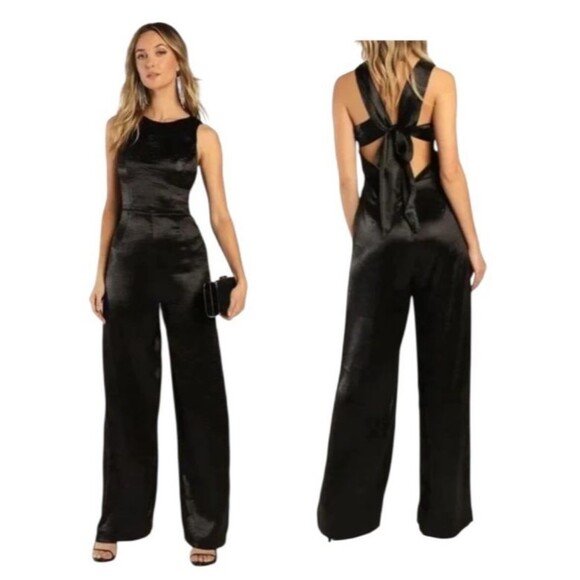 Lulus Joyful Blk Rippled Satin Tie-Back Jumpsuit  Size S  Going Out  Date Night - Picture 1 of 12